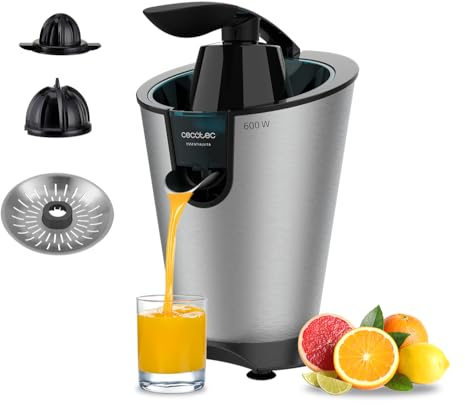 Cecotec Exprimidor Eléctrico de Brazo EssentialVita PowerFresh 600 Inox. 600 W, Cuerpo y Filtro de Acero Inoxidable, 2 Conos Desmontables, Boquilla Antigoteo, Piezas aptas para Lavavajillas