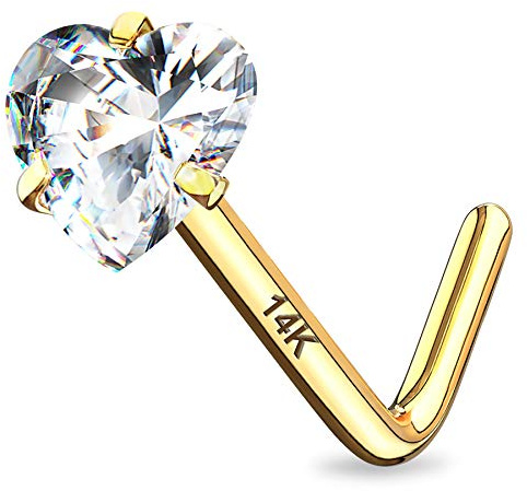 CM Crareesi Mania 14K Real Gold Nose Studs 20G Nose Rings Studs L Shaped Nose Rings for Women Men Clear Diamond CZ Nose Piercing