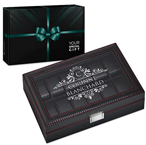 Maverton Boîte à Montres avec Vitrine Gravée - Étui en Éco Cuir Noir pour 12 Montres - Boîte de Rangement à Personnaliser – Cadeau Femme - Cadeau Anniversaire Femme - Cadeau Personnalisé - monogramme