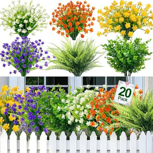 TURNMEON 20 Bundles Artificial Flowers for Outdoors, Summer Spring Grass Camellia Fake Flowers Fern Plants Eucalyptus UV Resistant No Fade Greenery for Garden Porch Indoor Cemetery Decor(Mix 6 Styles)