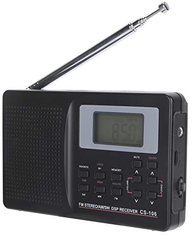 CS‑106 Portable Radio, Full Band Radio Mini FM/AM/SW/MW Receiver, Operated by 2 AA Battery, with Digital Clock Earphone, for Seniors and Home