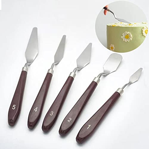 5 Pieces Set Cake Cream Spatulas, Stainless Steel Cake Decorating Knife, Angled Icing & Decorating Spatula with Stainless Steel Spatula + Wood Handle, Mixing Scraper, Baking Pastry Tool