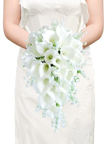 Roahosy Calla-Lilien-Hochzeitsstrauß für Braut, kaskadierender Brautstrauß, weißer Wasserfall-Hochzeitsblumenstrauß für Hochzeitszeremonie, Jahrestag, Brautparty