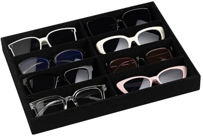Frebeauty Sunglass Organiser,Velvet Glasses Organiser,8-Slot Sunglasses Tray for Drawer,Men's/Women's Sunglasses Box,Sunglass Holder,13.3 x 9.6 x 1.5 Inches,Eyeglass/Eyewear Display Tray(Black)