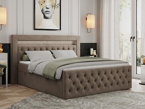 MKS MEBLE Boxspringbett 200x200 mit Led Braun Samt, Bett Polsterbett 200x200 mit LED Kopfteil, Multipocket Matratze H4, Doppelbett mit Bettkasten Stauraumbett - Gold-9 - Braun Velvet