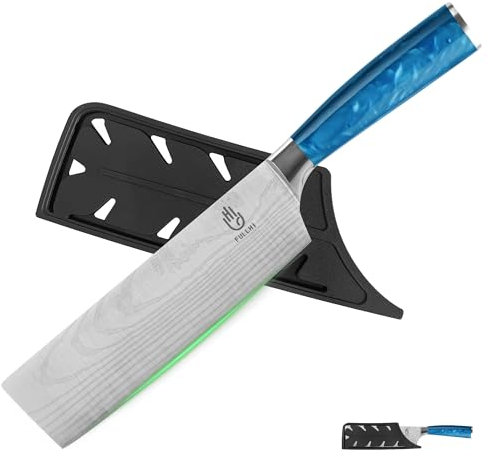FULLHI Coltello Nakiri con protezione, colore 17cm coltelli giapponesi, carne Veg taglio coltello da cucina in acciaio inox con guaina (Resina blu)