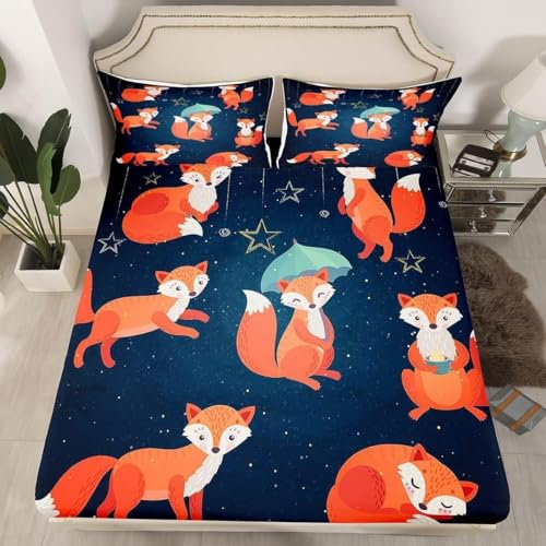TACOKI 3D Fuchs Spannbettlaken 70x140cm, Fuchs Weiches Mikrofaser Bettlaken für Kinder, Bettlaken Spannbetttuch 70x140 bis 30 cm Matratzenhöhe mit 2 kissenbezüge c519