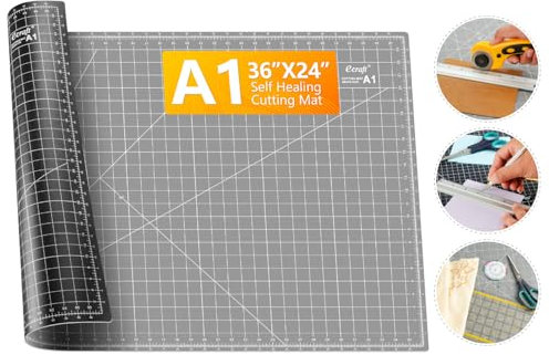 Ecraft Stor självläkande skärmatta: 61 cm x 91 cm dubbelsidig 5-lagers hobbymatta, A1 roterande skärmatta för hantverk, tyg, sömnad, quiltning, scrapbooking, projekt, grå/svart