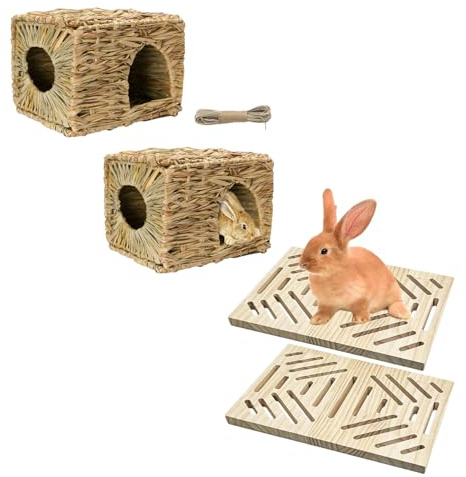 2 Pack Rabbit Grass House (12 L*8 W*8 H) &2 Pack Rabbit Wooden Scratch Board (13 L*10 W*1 H)