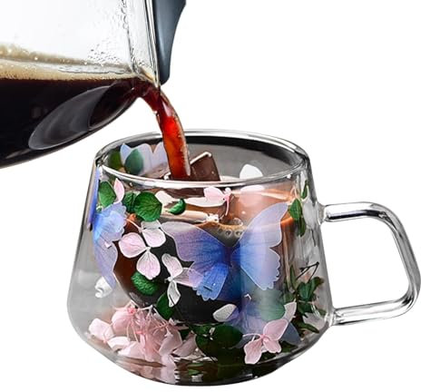 Rrlihjgu Taza de café de doble pared,Taza de café de vidrio con flores secas,200 ml Taza de vidrio de doble pared Vaso de vidrio de fusión floral para capuchino, té, café con leche, caliente