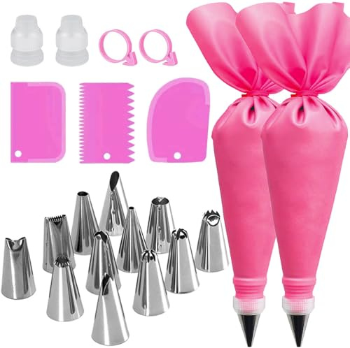 Set di 21 sac à poche e beccucci, riutilizzabili, grandi, in acciaio inox, per decorare torte, cupcake, biscotti, crema
