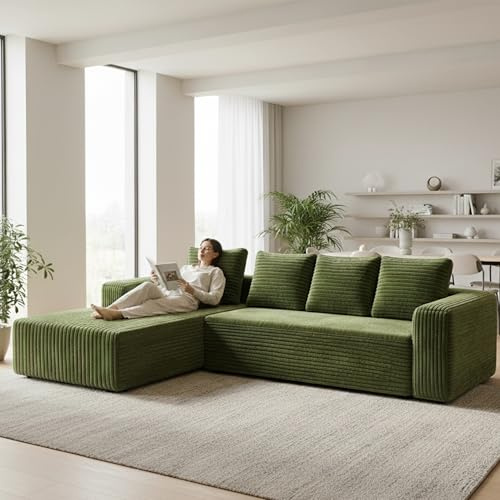 Yihomfy Canapé d'angle 261x145cm en Velours Côtelé - Mousse à Mémoire et Haute Résilience - Confort Orthopédique et Respirant - Canapé d'accueil Moderne Vert pour Salon