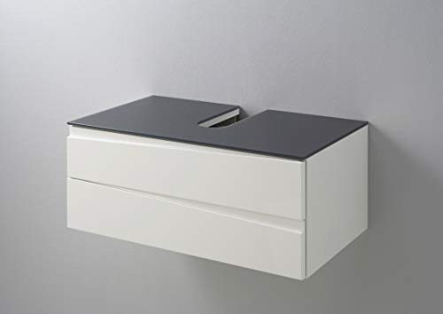 byLIVING Waschtisch SHAPE / Bad Waschunterschrank für Aufsatzwaschbecken / mit Glasplatte grau / Front Hochglanz Weiß / 2 Schubladen mit Griffleiste / Korpus Melamin weiß / 80 x 33 x 46 cm (BxHxT)