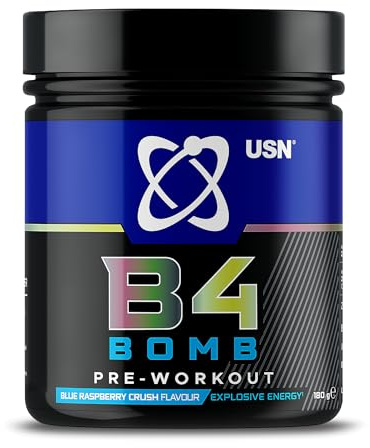 USN B4 Bomb Energy Drink Powder, Blue Raspberry - 180g, with Vitamin B12 & B6, Creatine, Caffeine & Zynamite for Stamina & Explosive Energy, Glucose Free, No Added Sugar, Quality Dietary Supplement