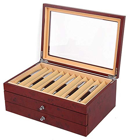 Stifthalterbox Holz, Stifte Sammelbox, Penbox Pens Veranstalter Aufbewahrungskiste Display Box Organizer Box mit Glasfenster Drei Ebene Vitrine mit Schubladen für 34 Stifte Schreibgeräte (Rot)