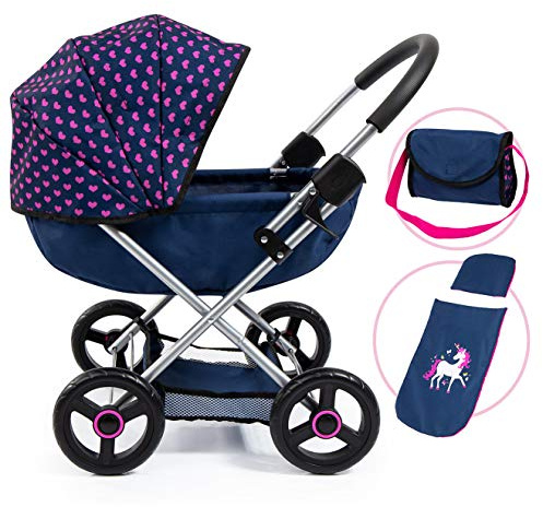 Bayer Design 12754AA Puppenwagen, zusammenklappbar, inklusive Tasche und Bettdecke, mit großen Reifen, modern, rosa, Einhornmotiv, blau Cosy, 46 cm