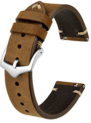 BISONSTRAP Bracelets de Montre pour Homme, Bracelets en Cuir Cousus à la Main, Dégagement Rapide, 19mm, Brun Selle avec Boucle Argentée