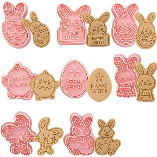 KEELYY 8 stycken kakformar påskset, plast kakmått påskägg hare stämplar kakformar kakstämpel kakstämpel kakskärare påsk tecknade former för kakor fondant choklad