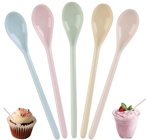 5 stycken plastskedar, färgglada plastskedar, vackra skedar långa färgglada, färgglada plastskedar, anti-droppar långt handtag sked, för drycker ägg glass yoghurt