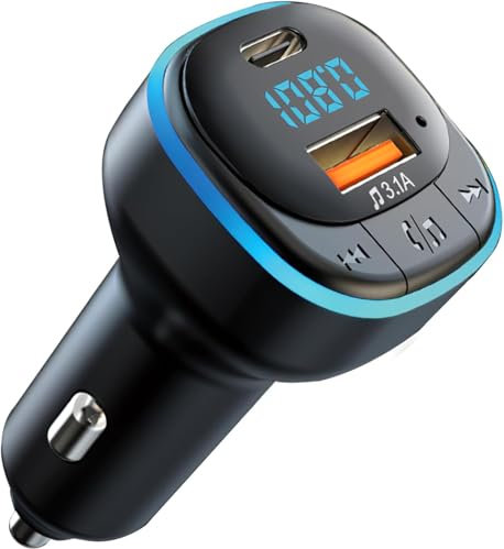 Bluetooth 5.0 FM Transmitter, KFZ Bluetooth Adapter Auto Radio mit Ports 3.1A USB+Type CAutoladegerät, FM Transmitter Zigarettenanzünder mit Freisprechen Car, USB Disk/Musik Player/LED Display