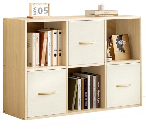 EXPERLAM 6 Cube Storage Organizer - Solid Wood Bookshelf with 3 Storage Bins, Cube Shelf with 2 Removable Back Panels, Vertical or Horizontal Bookcase, Open Book Shelf for Bedroom, Living Room, Office