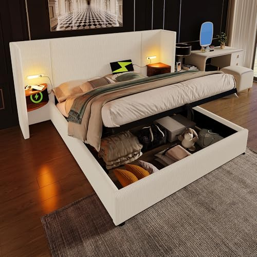 YAIXBNG Sängklädsel, dubbelsäng, 180 × 200 med nattduksbord, sängsystem, förvaringssäng, sängram med ribbotten av massivt trä och metall, beige-vit, manchestertyg (utan madrass)