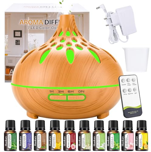 USHOP Diffuseur D'huiles Essentielles,500ml Diffuseur Huiles Essentielles,10 Huiles Diffuseur Aromathérapie avec Télécommande 7 Couleurs LED & 3 Réglages de Minuterie pour Chambre, Spa, Yoga, Massage