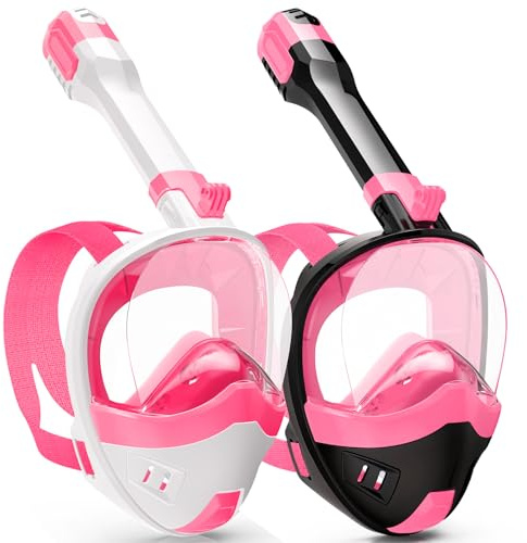 Full Face Snorkel Mask, Snorkeling Gear for Adults Kids with Latest Dry Top Breathing System and Detachable Camera Mount, with 180 Degree Panoramic View (Black Pink+White Pink, S/M)
