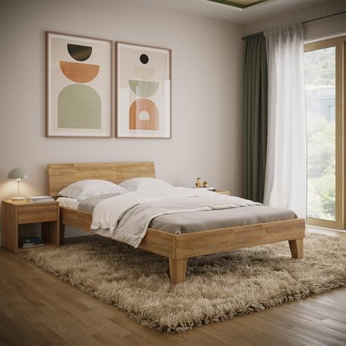 skølm Asgard Massivholzbett 120x200 cm - hochwertiges Holzbett aus Eiche mit Kopfteil – Bettgestell in Natur geölt - Bettrahmen 120x200 cm geeignet als Doppelbett - Futonbett