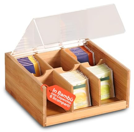 Avilia Organizer Bambù 6 Scomparti Porta Tisane e Capsule Caffè - Porta Bustine Tè e Tisane - Set Regalo Donna -Contenitore Compatto Cucina e Ufficio - 10x22x21 cm