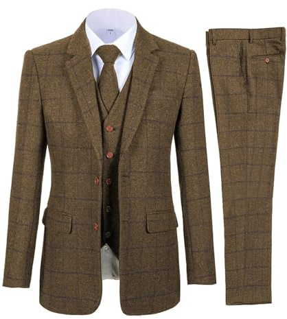 Smoking kostym för män brun män kostymer rutig tweed för man tre delar vintage smoking brudgum vinter bröllop kostym (kavajer + väst + byxor)
