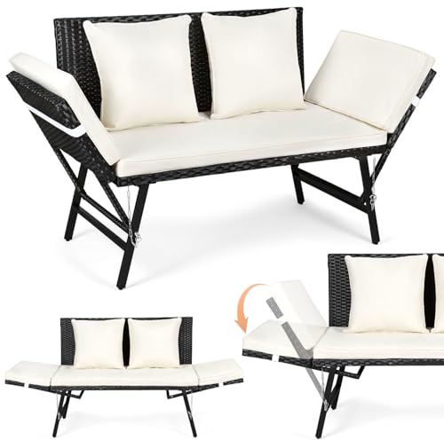 Banc de jardin en polyrotin avec fonction allongée, canapé de jardin 2 places, avec accoudoirs réglables, résistant aux intempéries, avec coussins d'assise et coussin, canapé de balcon 3 en 1, pour