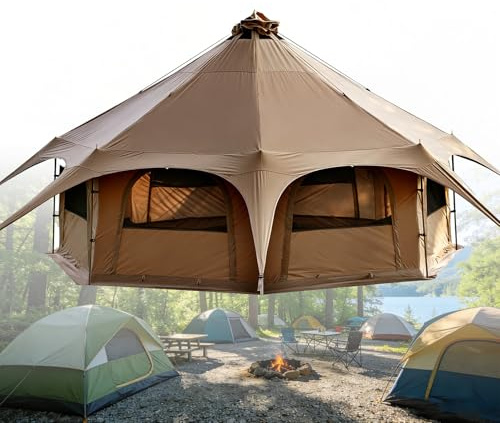 Tienda De Campaña Tipo Campana De Lona Autoportante De 4,5 Metros, Tienda De Campaña Tipo Yurta para Glamping De 4 Estaciones con Salida para Estufa, Tienda Espaciosa para 15 Personas