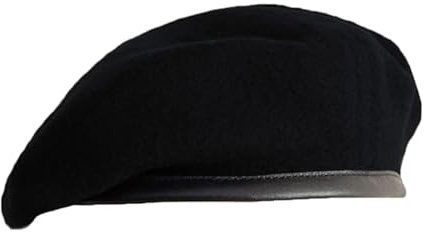 Pro-Noke British Military Wool Beret for Men and Women - Leather Band Army Beret Hat, Classic Solid Color Uniform Beret for Cosplay, Daily Wear and Outdoor Activities (UK, Alpha, L, Black)