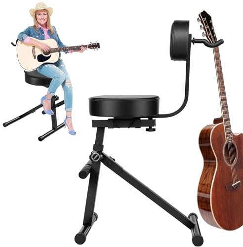 Gitarrpall med ryggstöd och fotstöd, höjdjusterbart vadderat säte med integrerad gitarrhållare för akustiska, elektriska och basgitarrer, hopfällbar musikstol för hemmastudio, lärare och uppträdande