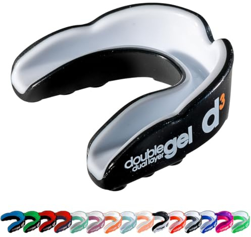 d3 Double Gel Mouthguard wth Case, Adults and Junior Gum Shield for Boxing, MMA, Contact Sports, Rugby, Martial Arts, Judo, Karate, Hockey (Black/White, Adult (12+))