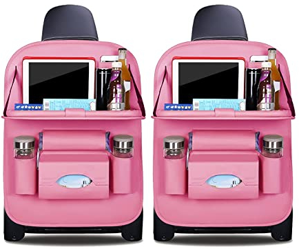 Ergocar Auto Organizer Rückenlehnenschutz Luxus Autositzschutz aus PU-Leder mit faltbarem Tablethalter wasserdicht Rückenlehnenschutz Rückenlehnen-Tasche für Kinder (Rosa - 2 Pack)