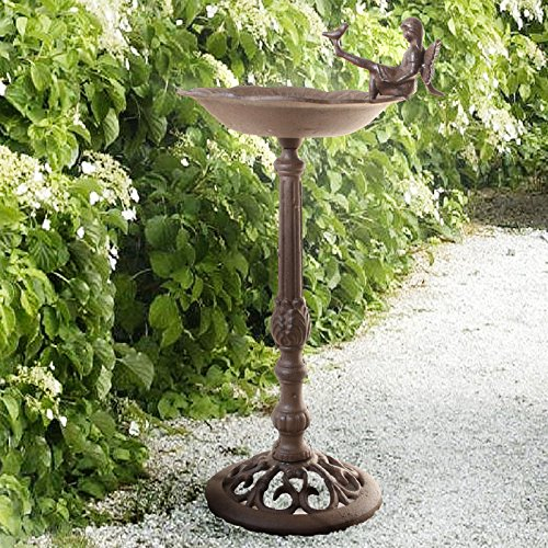 mucHome Vogeltränke Elfe auf Standfuß Gusseisen Braun Antik Höhe 51cm Vogelbad Garten Wasserschale Dekotränke