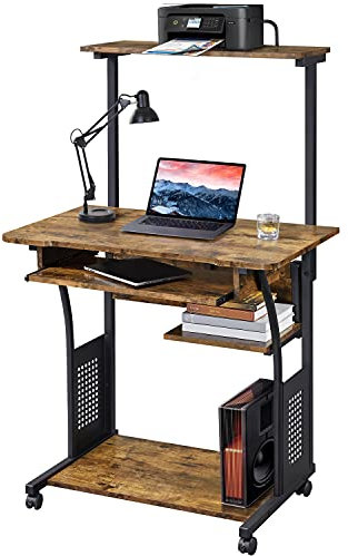 Yaheetech Bureau Informatique avec 3 Tablettes de Rangement Design Table Ordinateur roulettes avec Freins Bureau Ordinateur 80 x 50 x 132 cm Brun Rustique
