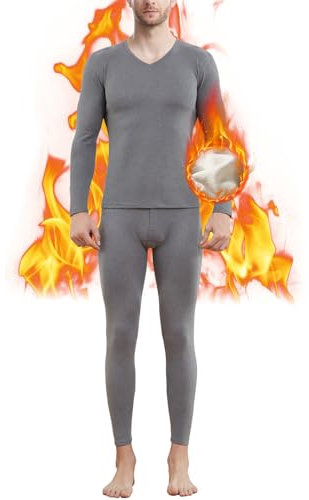 Thermounterwäsche Herren, Warm Innenfleece Skiunterwäsche, Atmungsaktiv Funktionsunterwäsche, Winter Thermowäsche Set Langarm Unterhemd Thermounterhose für Laufen Skifahren Radfahren Light Gray-M