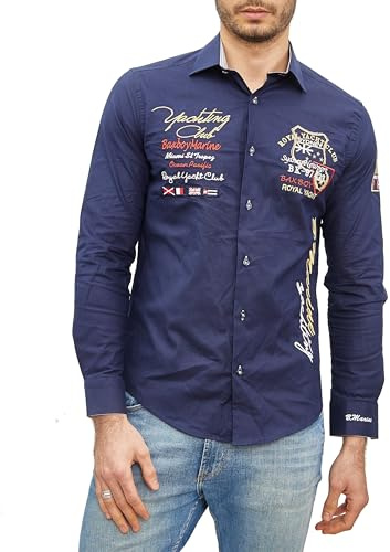 Subliminal Mode Camisa de manga larga a rayas para hombre con bordado | ajuste clásico | cómoda y fácil de lavar | ideal para salidas urbanas e informales BX508 |, azul navy, L
