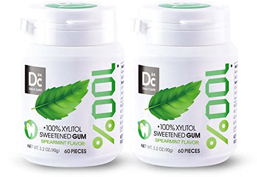 DC24 DAILY CARE Goma de mascar 100% xilitol, sin aspartamo, sin azúcar, sabor natural de hierbabuena, sin gluten, vegano, 60 piezas, paquete de 2