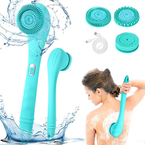 CestMall Elektrische Körperbürste Badebürste Rückenbürste mit 3 Reinigungsköpfe langen Griff 2 Geschwindigkeiten wasserdichtes Baderückenpinsel Reinigungsbürste für Dusche Peeling Massagebürste