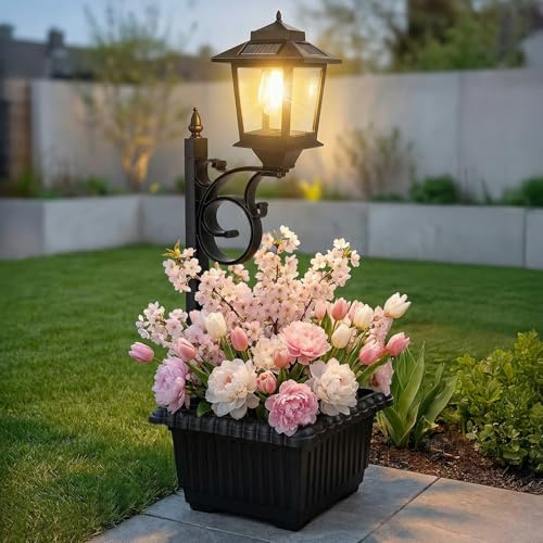 PASAMIC 2 in 1 Outdoor Flower Pots for Real or Fake Flowers, Solar Lamp Post Lights - Wall Mount or Freestanding, Waterproof Decorative Lamp for Lawn, Patio, Front/Back Door