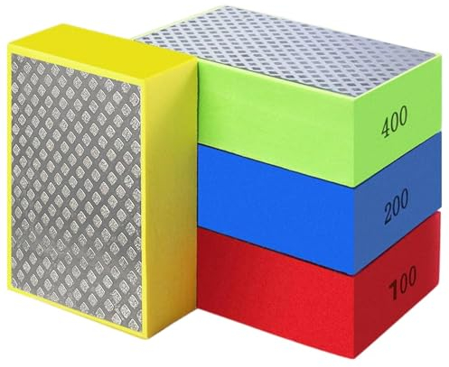 Aobuviou 4pcs Hand Diamond Polishing Pads for Glass,Tile Polishing Pad,Diamond Sanding Blocks for Porcelain,Concrete Stone Granite Marble Ceramic Grinding Trimming 60#,100#,200#,400#