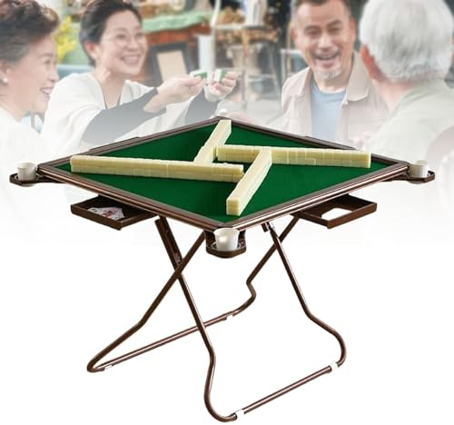 Oiyekntd Klappbarer Mahjong-Tisch, multifunktionaler quadratischer Kartenspieltisch für 4 Spieler mit längeren Chip-Tabletts, Getränkehaltern und grüner professioneller Tischplatte für Domino, Poker