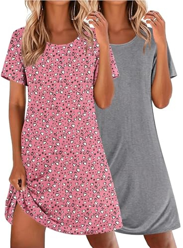 Ekouaer Nattlinne damer, tvådelad sovskjorta, kortärmade nattkläder, sovskjorta, lätt sovtröja, 2-pack, S–XXL, Grå + hjärta, XXL