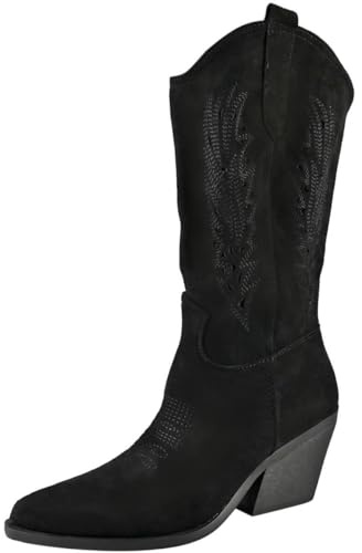 LoudLook Ladies Western Cowboy Mid-Calf Zip Heel Faux Suede Comfy Pointed Toe Winter Shoes Sizes Black 4