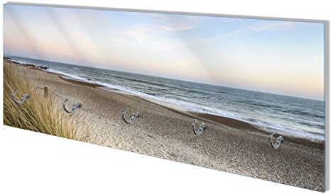 Wallario Wandgarderobe aus Glas in Größe 80 x 30 cm mit Memoboard-Funktion, Motiv: Strandspaziergang im Urlaub an der Ostsee | 5 Kleiderhaken zum Aufhängen von Jacken