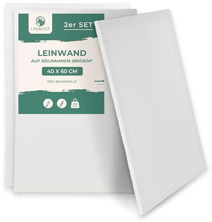 LAUBLUST Keilrahmen 40x60 cm 2er Set - Weiß | Leinwand Set Maltuch aus 100% Baumwolle - Leinwände 280 g/m² | Vorgrundiert, Säurefrei - Keilrahmenset Leinwand zum Bemalen für Acryl-, Aquarell-, Ölfarbe
